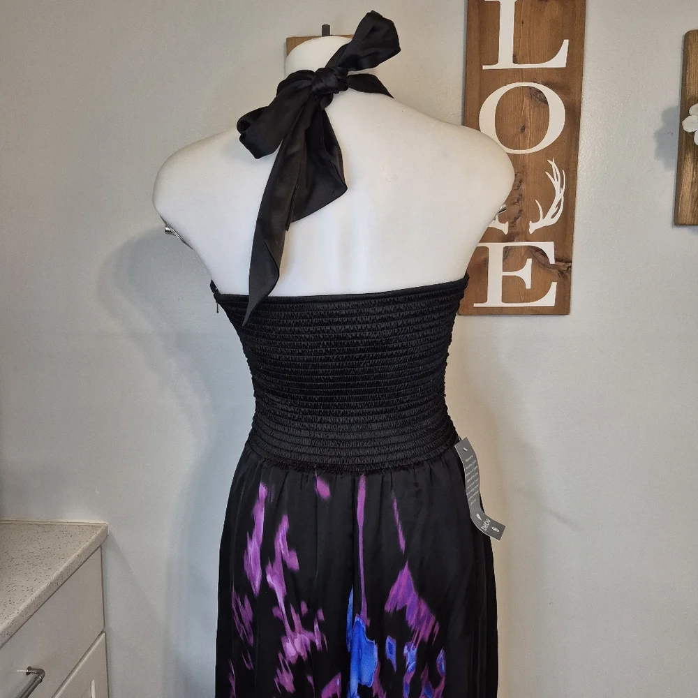 bebe Denora Bloom Silk Iris Tie Halter Silk Dress NWT - Picture 8 of 14